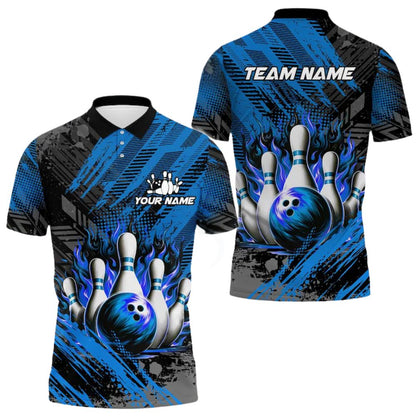 Custom Green Flame Bowling Polo Shirt For Men, Custom Flame Bowling Team Shirts BZ0282