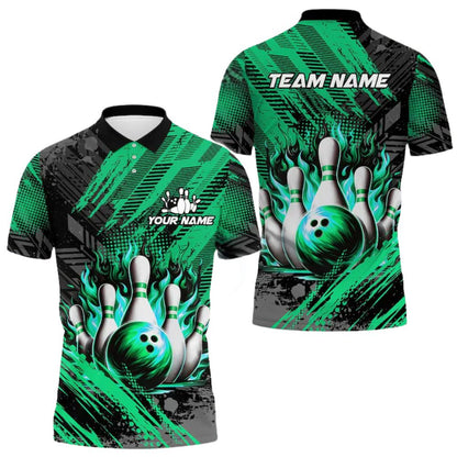 Custom Green Flame Bowling Polo Shirt For Men, Custom Flame Bowling Team Shirts BZ0282