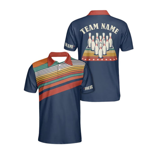 Custom Mens Blue Retro Bowling Polo Shirts, Custom Retro Bowling Team Shirts BZ0283