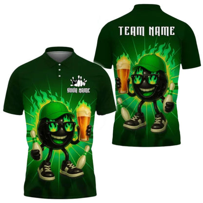 Beer Custom Green Flame Pin Bowling Polo Shirts For Men, Custom Beer Bowling Team Shirts BZ0286