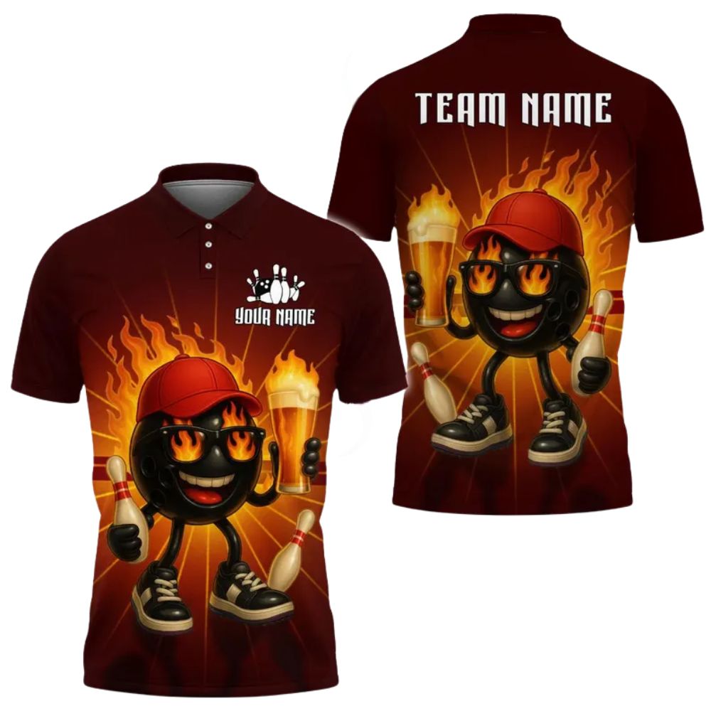 Beer Custom Green Flame Pin Bowling Polo Shirts For Men, Custom Beer Bowling Team Shirts BZ0286
