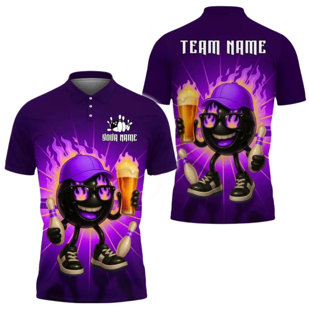 Beer Custom Green Flame Pin Bowling Polo Shirts For Men, Custom Beer Bowling Team Shirts BZ0286