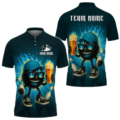 Beer Custom Green Flame Pin Bowling Polo Shirts For Men, Custom Beer Bowling Team Shirts BZ0286