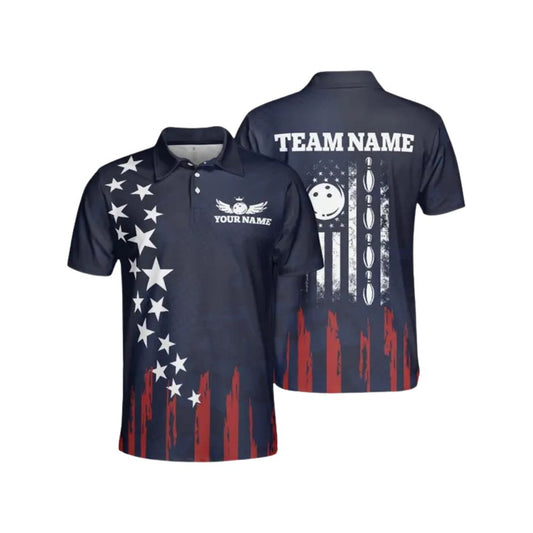 Custom Red White and Blue American Flag Bowling Polo Shirts For Men, Custom Patriotic Bowling Team Shirts BZ0287
