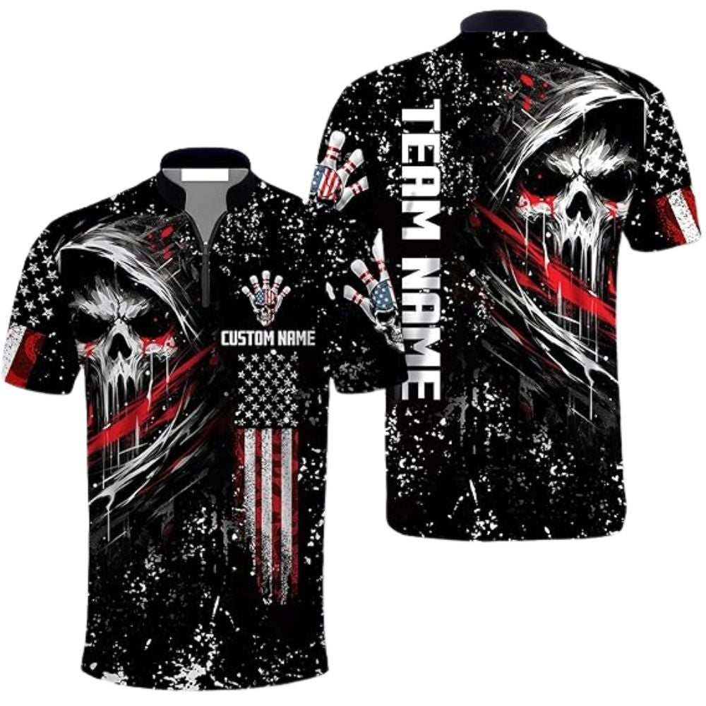 Custom Skull Bowling Team Jerseys Shirt For Men, Custom Skull American Flag Bowling Team Shirts BZ0290