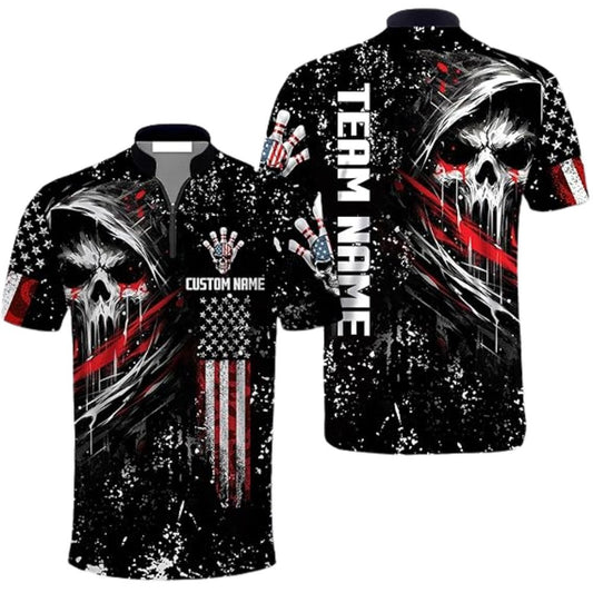 Custom Skull Bowling Team Jerseys Shirt For Men, Custom Skull American Flag Bowling Team Shirts BZ0290