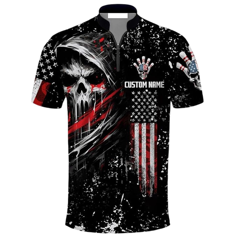 Custom Skull Bowling Team Jerseys Shirt For Men, Custom Skull American Flag Bowling Team Shirts BZ0290
