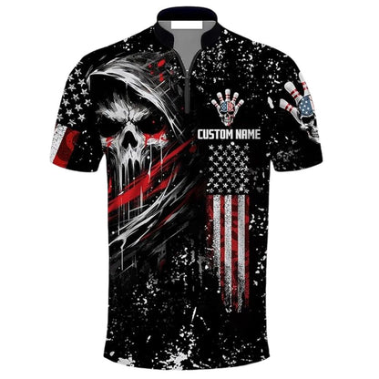 Custom Skull Bowling Team Jerseys Shirt For Men, Custom Skull American Flag Bowling Team Shirts BZ0290