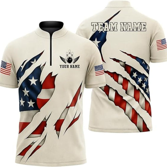 Custom Mens American Flag Bowling Jerseys Shirt, Custom Patriotic Bowling Team Shirts BZ0292