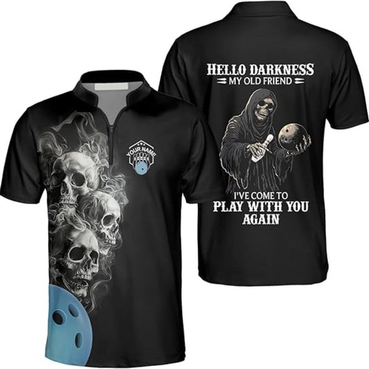 Hello Darkness My Old Friend I've Come To Play With You Again Custom Mens Skull Bowling Jerseys Shirt, Custom Funny Skull Bowling Shirts BZ0293