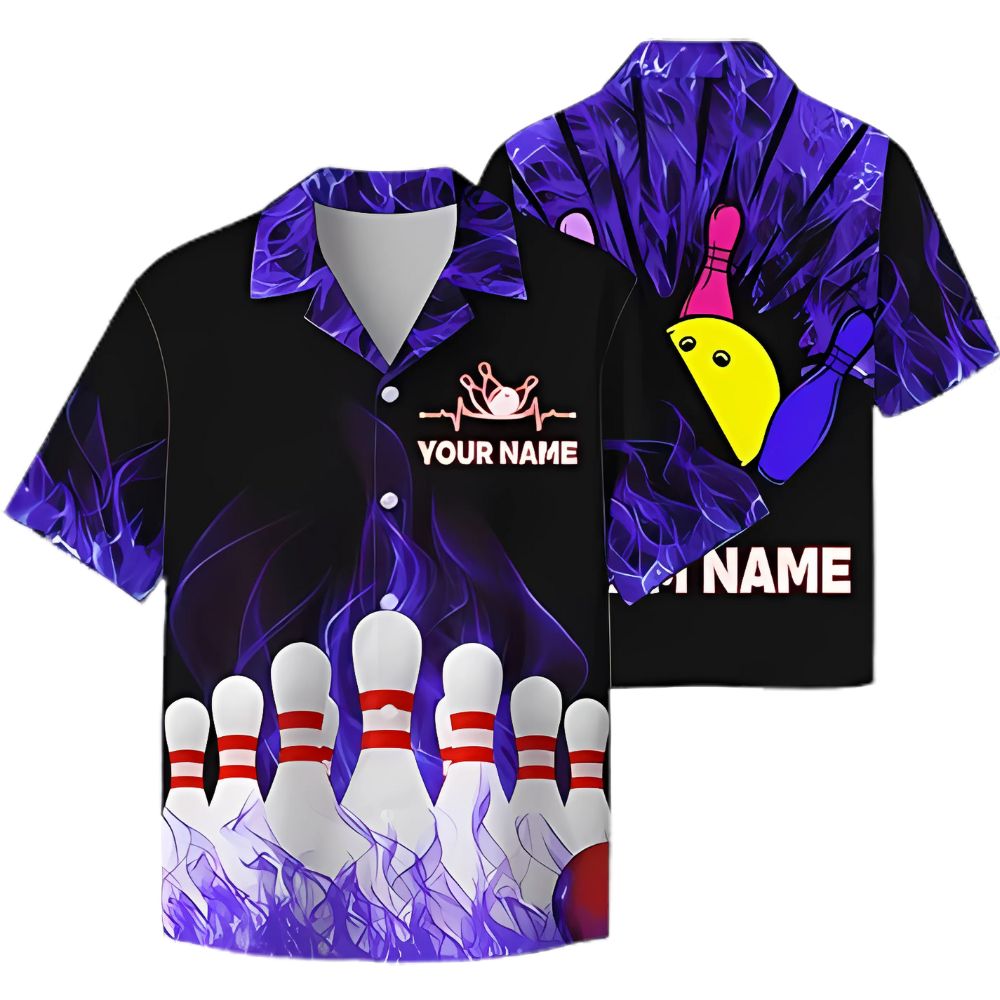Custom Purple Flame Bowling Hawaiian Shirt For Men, Custom Flame Bowling Team Shirts BZ0296