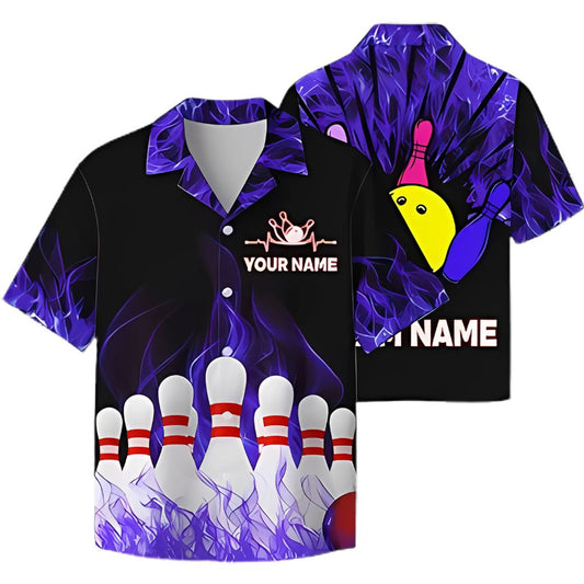 Custom Purple Flame Bowling Hawaiian Shirt For Men, Custom Flame Bowling Team Shirts BZ0296