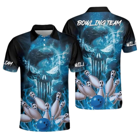 Custom Skull Blue Flame Bowling Polo Shirt For Men, Custom Skull Bowling Team Shirts BZ0299