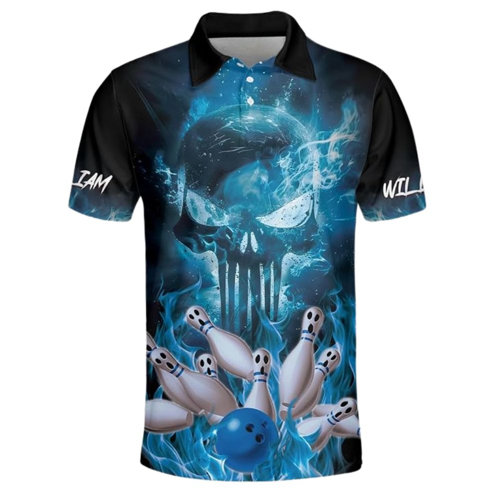 Custom Skull Blue Flame Bowling Polo Shirt For Men, Custom Skull Bowling Team Shirts BZ0299