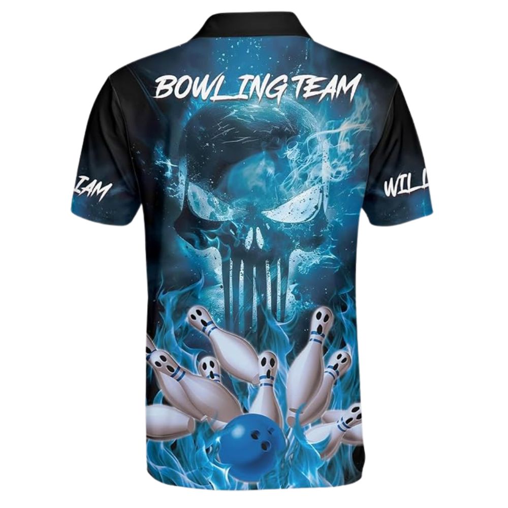 Custom Skull Blue Flame Bowling Polo Shirt For Men, Custom Skull Bowling Team Shirts BZ0299