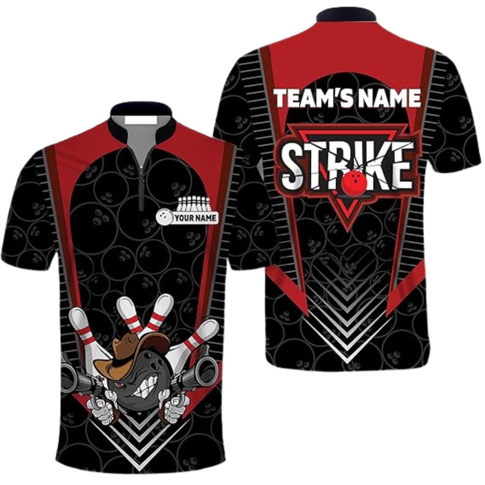 Strike Custom Team Red And Black Bowling Jerseys Shirt For Men, Custom Bowling Team Shirts BZ0304
