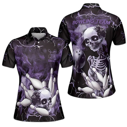 Custom Purple Skull Bowling Polo Shirt For Women, Custom Skull Bowling Team Shirts BZ0305