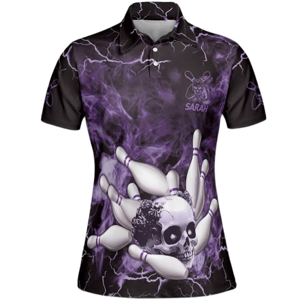 Custom Purple Skull Bowling Polo Shirt For Women, Custom Skull Bowling Team Shirts BZ0305