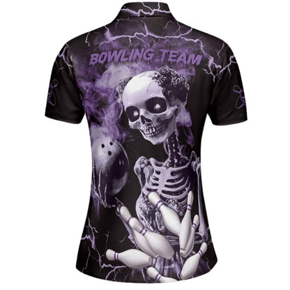 Custom Purple Skull Bowling Polo Shirt For Women, Custom Skull Bowling Team Shirts BZ0305