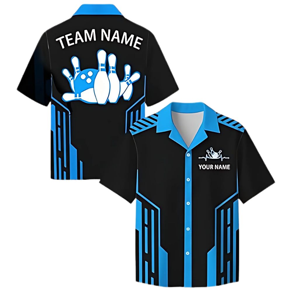 Custom Blue And Black Hawaiian Bowling Team Shirts For Men, Custom Bowling Team Shirts BZ0308