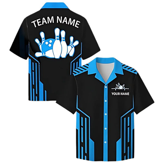 Custom Blue And Black Hawaiian Bowling Team Shirts For Men, Custom Bowling Team Shirts BZ0308