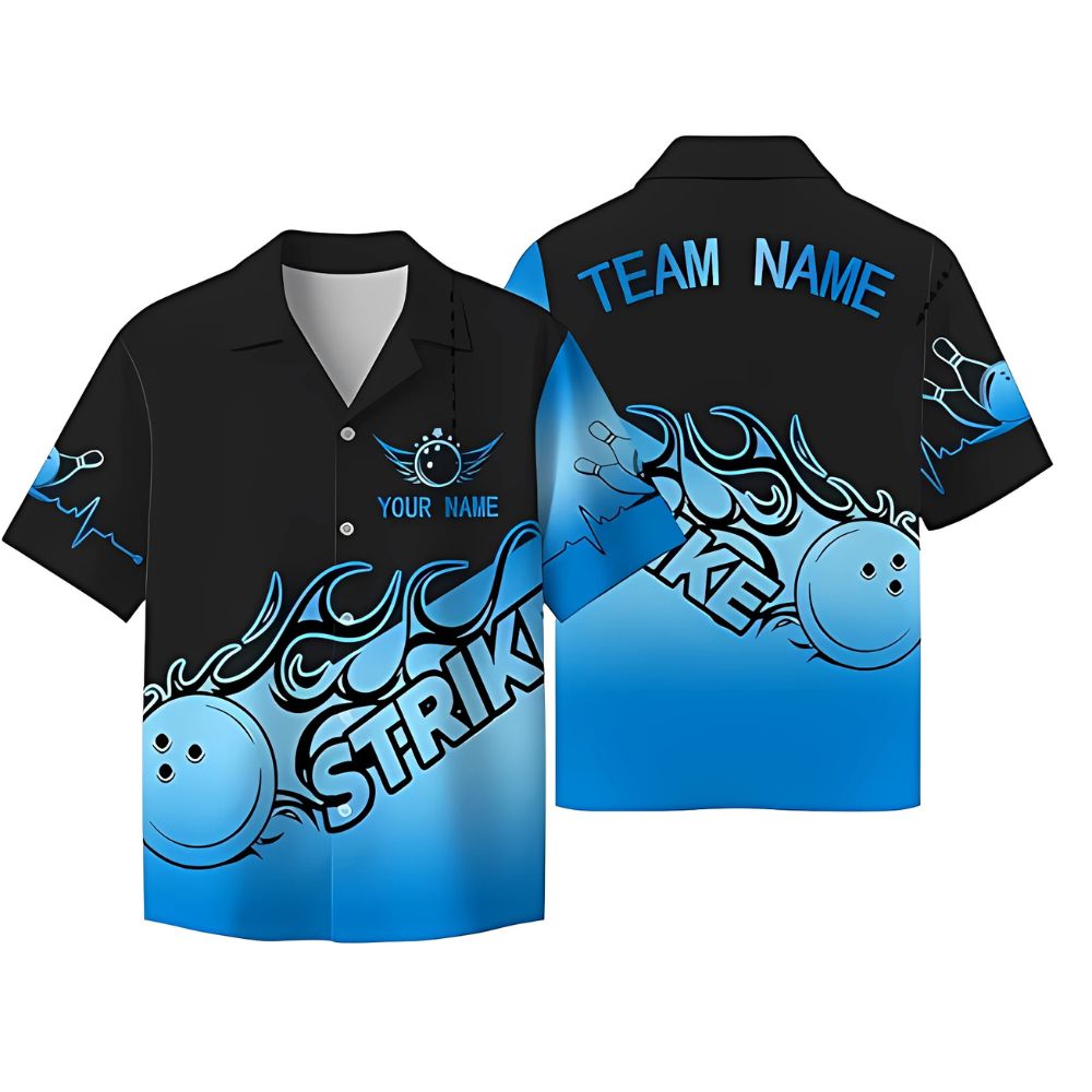 Custom Strike Black And Blue Bowling Team Shirts for Men, Custom Bowling Team Shirts BZ0310