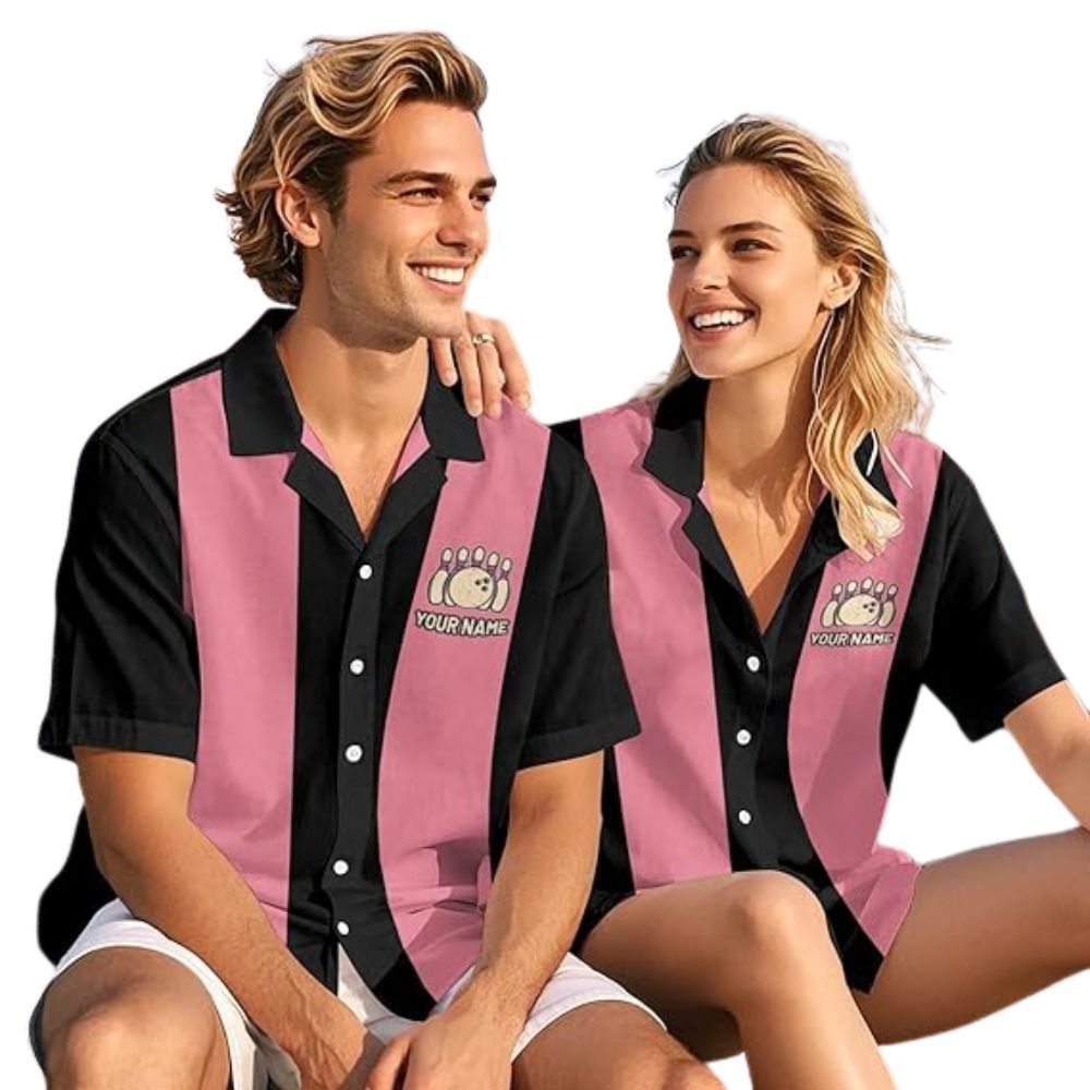 Custom Black and Pink Hawaiian Bowling Team Shirts Mens, Custom Bowling Shirts BZ0312
