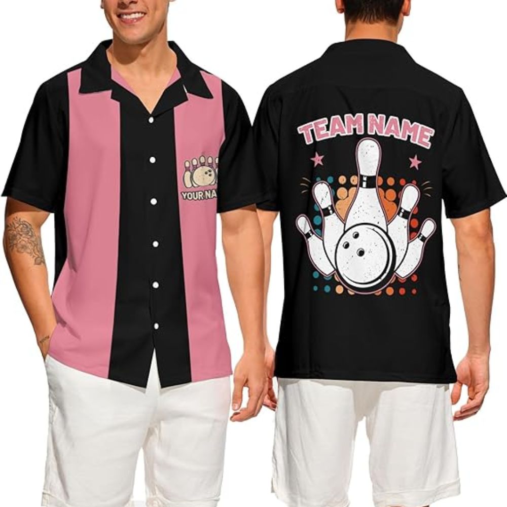 Custom Black and Pink Hawaiian Bowling Team Shirts Mens, Custom Bowling Shirts BZ0312