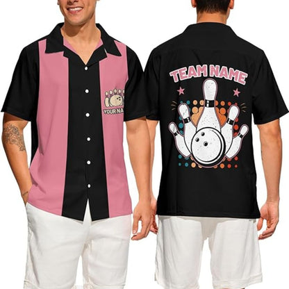 Custom Black and Pink Hawaiian Bowling Team Shirts Mens, Custom Bowling Shirts BZ0312