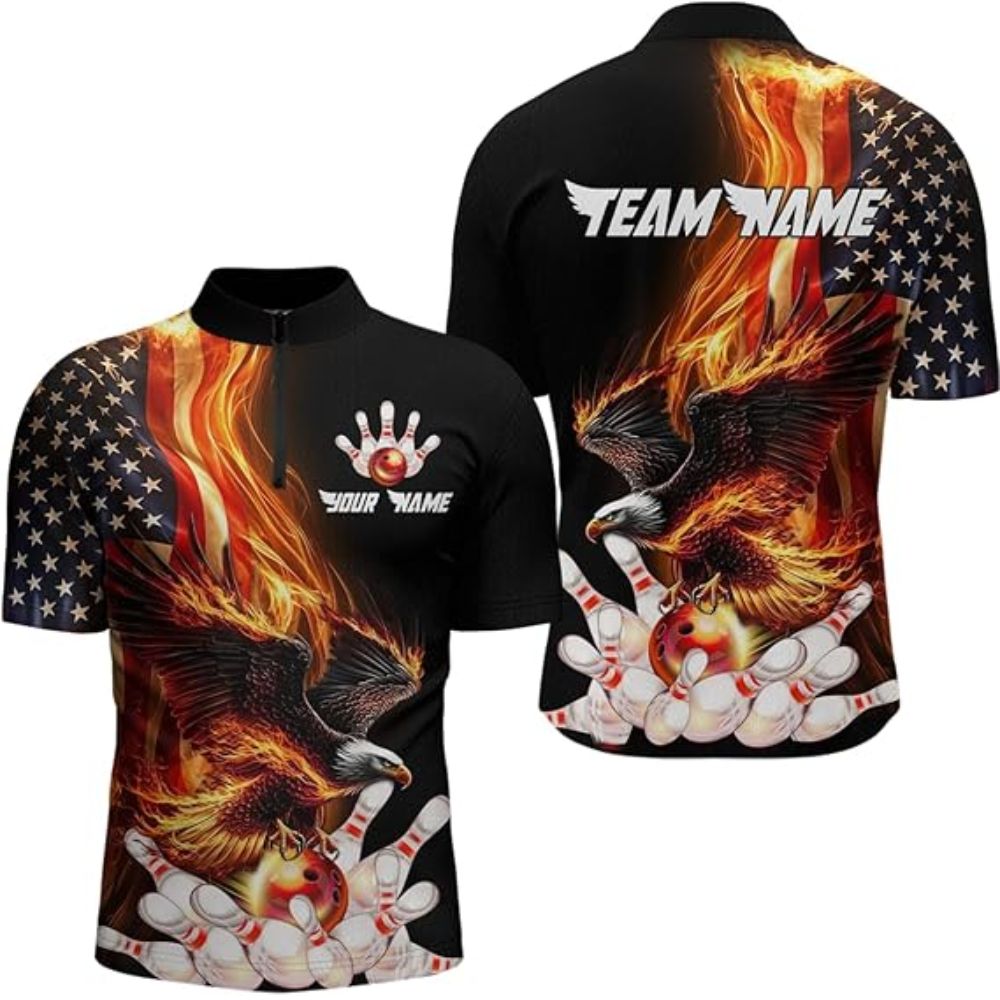 Custom Team Eagles American Flag Bowling Jerseys Shirt Men, Custom Eagles Bowling Shirt BZ0313