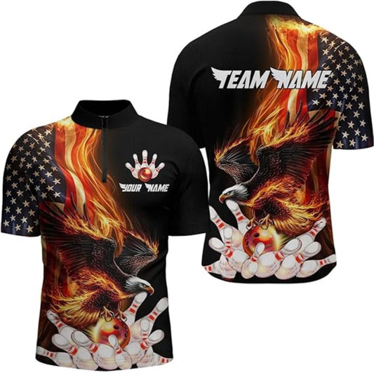 Custom Team Eagles American Flag Bowling Jerseys Shirt Men, Custom Eagles Bowling Shirt BZ0313