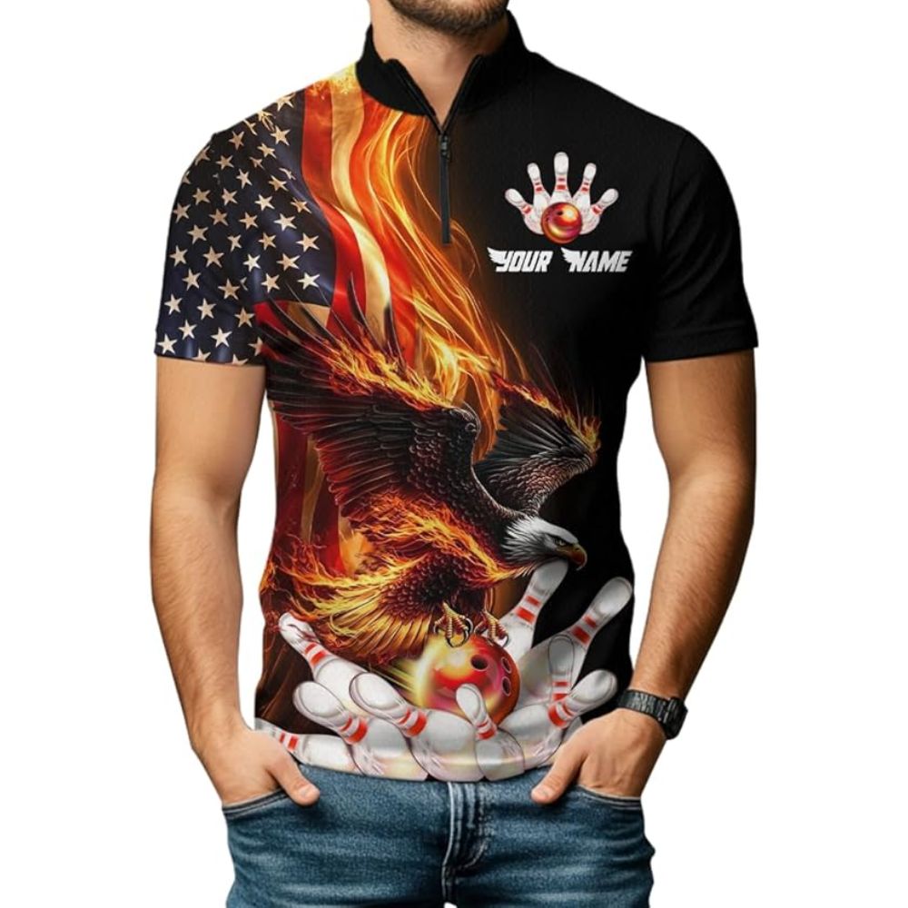 Custom Team Eagles American Flag Bowling Jerseys Shirt Men, Custom Eagles Bowling Shirt BZ0313