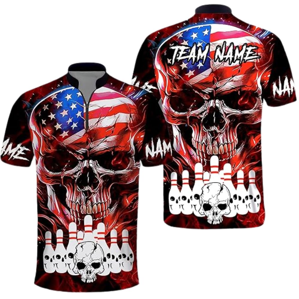 Custom Skull Red Black Bowling Jersey Shirt For Men, Custom Patriotic Skull Bowling Team Shirts BZ0318