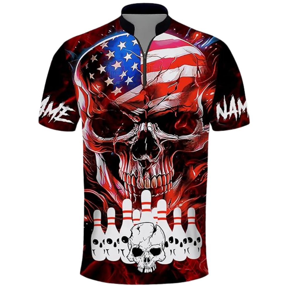 Custom Skull Red Black Bowling Jersey Shirt For Men, Custom Patriotic Skull Bowling Team Shirts BZ0318