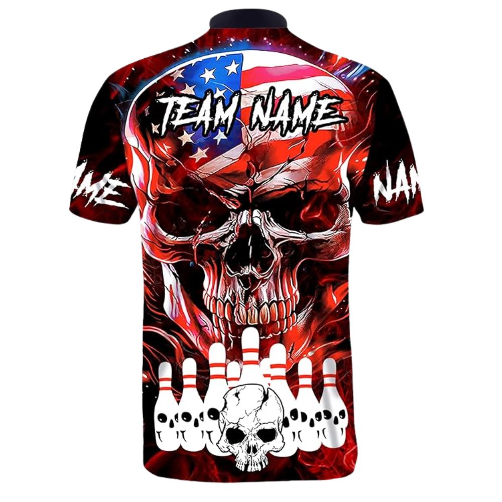 Custom Skull Red Black Bowling Jersey Shirt For Men, Custom Patriotic Skull Bowling Team Shirts BZ0318