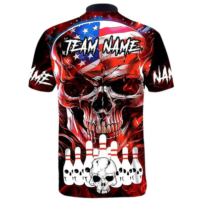 Custom Skull Red Black Bowling Jersey Shirt For Men, Custom Patriotic Skull Bowling Team Shirts BZ0318