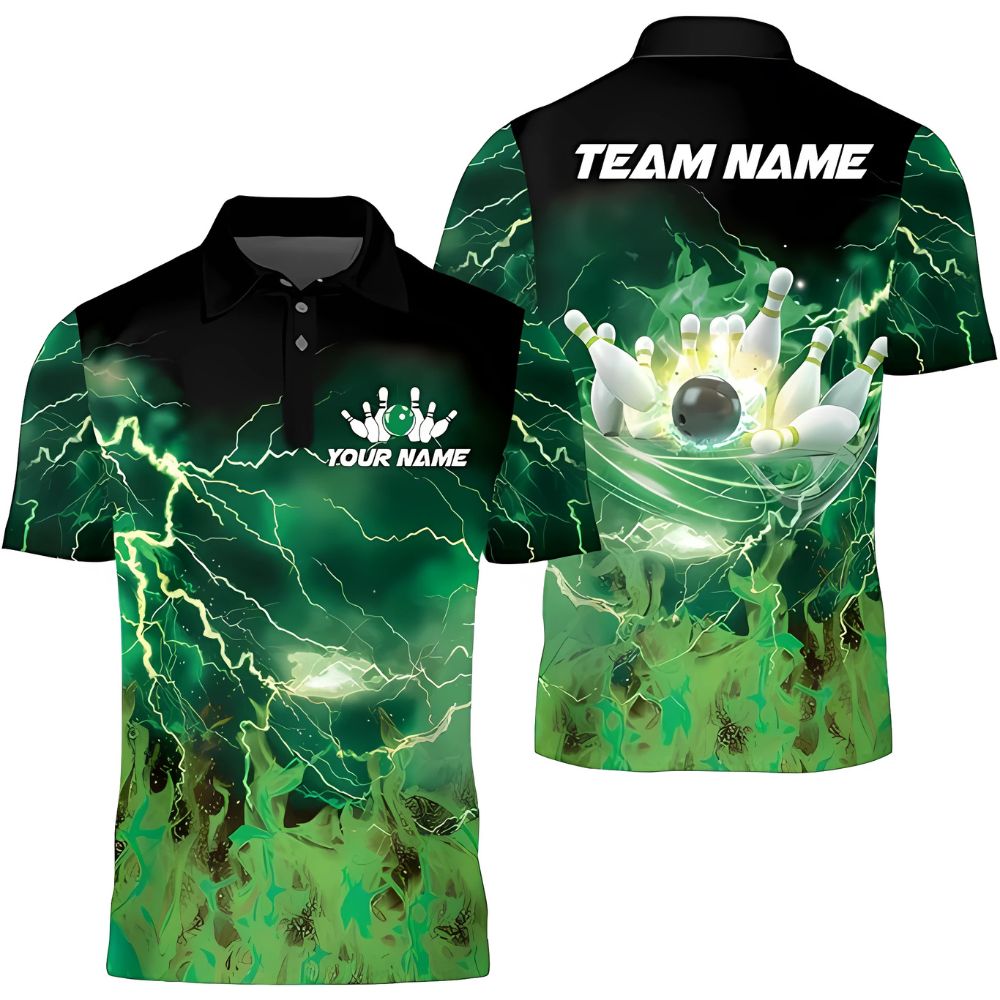 Custom Men's Green Flame Bowling Polo Shirt, Custom Flame Bowling Team Shirts BZ0320