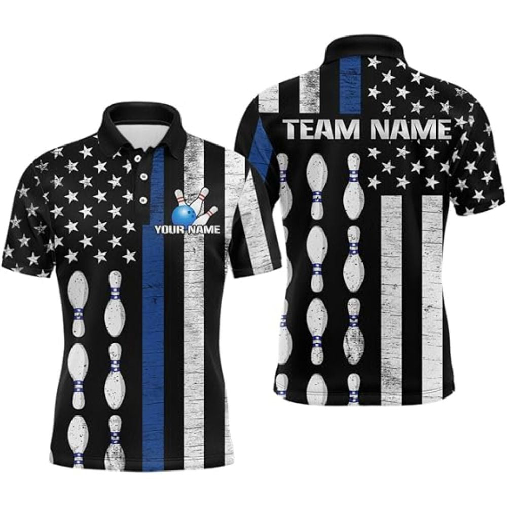 Custom Men's American Flag Bowling Polo Shirt, Custom Patriotic Bowling Team Shirts BZ0321