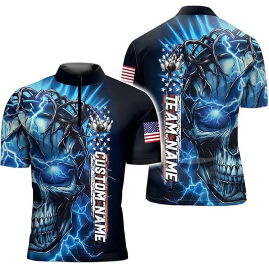 Custom Blue Skull Bowling Jersey Shirt Men, Custom Skull Patriotic Bowling Team Shirts BZ0322
