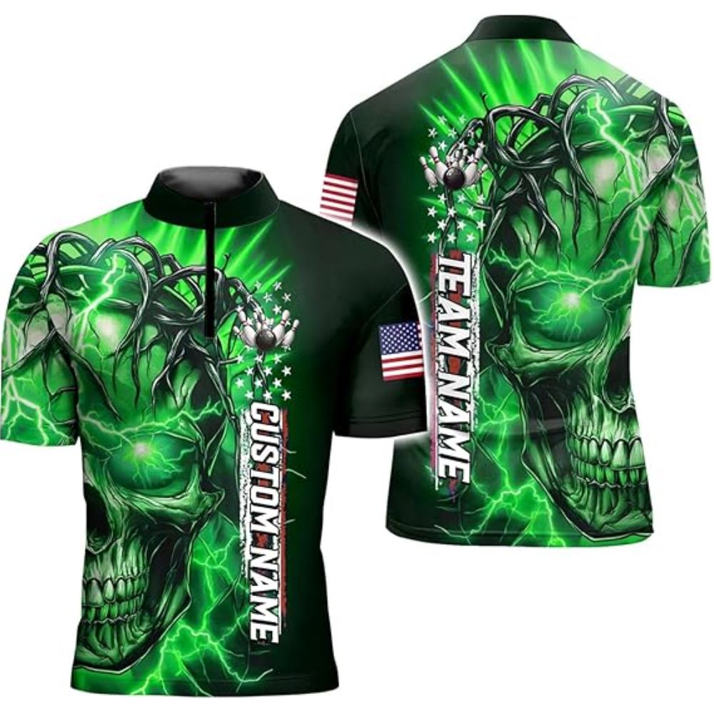 Custom Blue Skull Bowling Jersey Shirt Men, Custom Skull Patriotic Bowling Team Shirts BZ0322
