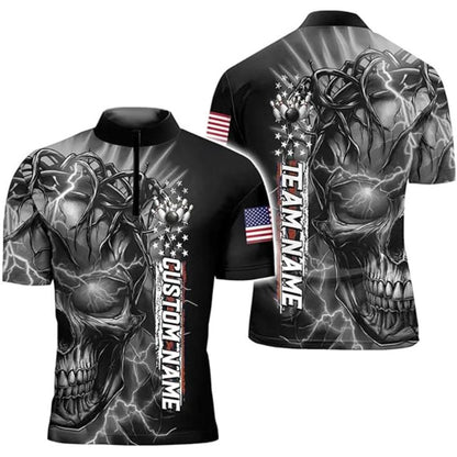 Custom Blue Skull Bowling Jersey Shirt Men, Custom Skull Patriotic Bowling Team Shirts BZ0322