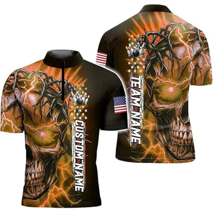 Custom Blue Skull Bowling Jersey Shirt Men, Custom Skull Patriotic Bowling Team Shirts BZ0322