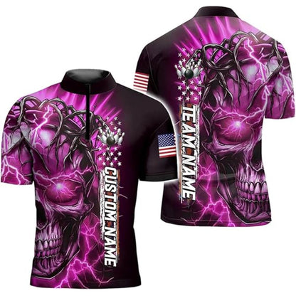 Custom Blue Skull Bowling Jersey Shirt Men, Custom Skull Patriotic Bowling Team Shirts BZ0322