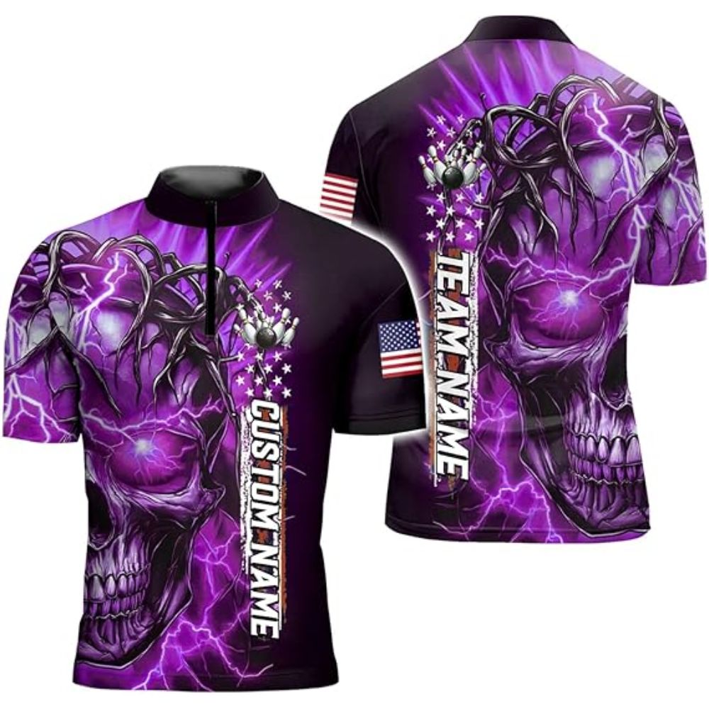 Custom Blue Skull Bowling Jersey Shirt Men, Custom Skull Patriotic Bowling Team Shirts BZ0322
