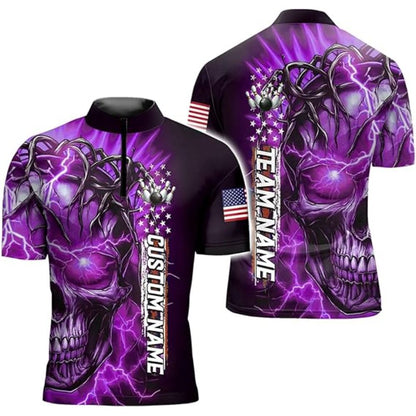 Custom Blue Skull Bowling Jersey Shirt Men, Custom Skull Patriotic Bowling Team Shirts BZ0322