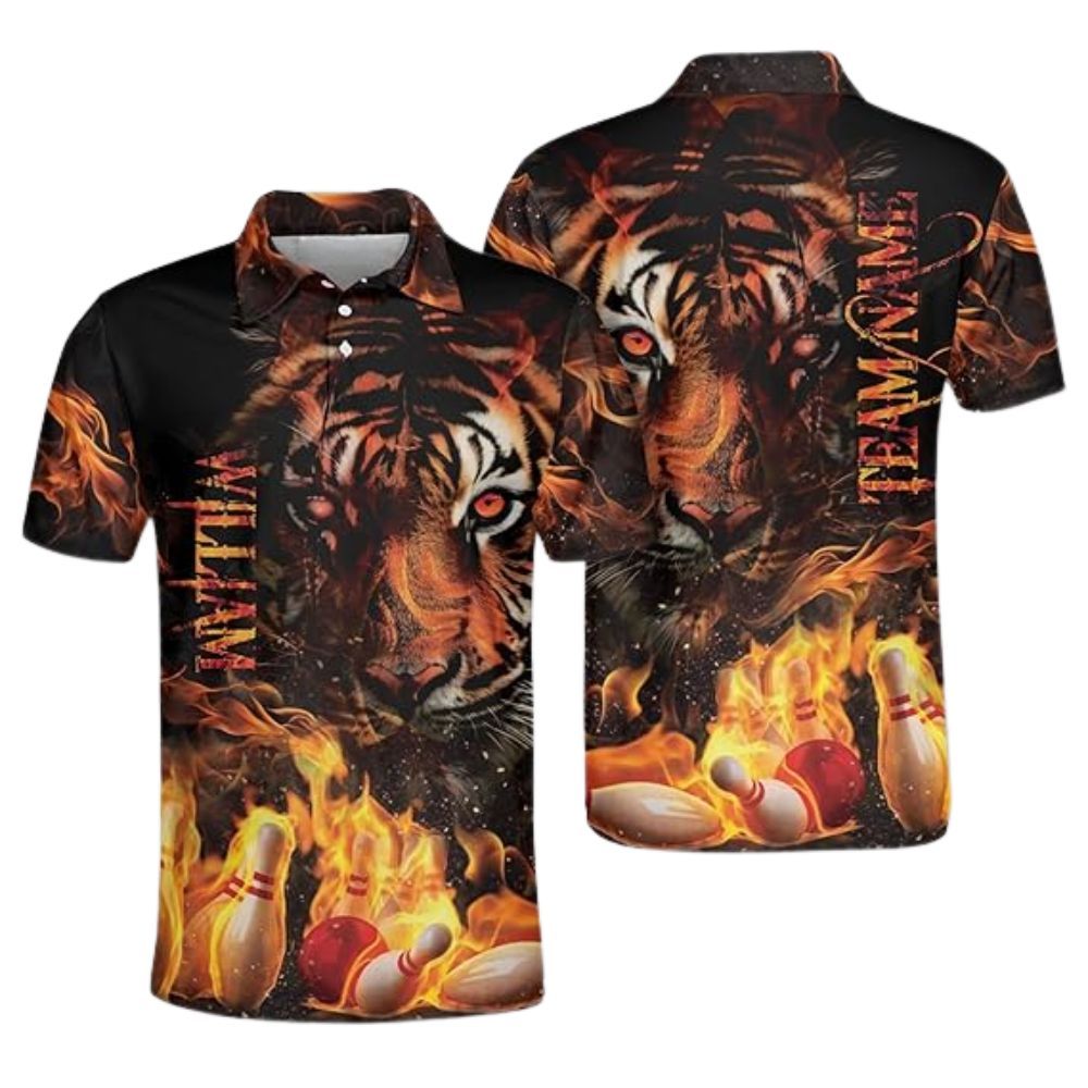 Custom Tiger Flame Bowling Polo Shirt For Men, Custom Tiger Bowling Team Shirts BZ0326