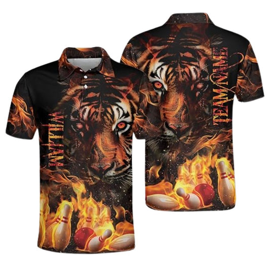 Custom Tiger Flame Bowling Polo Shirt For Men, Custom Tiger Bowling Team Shirts BZ0326