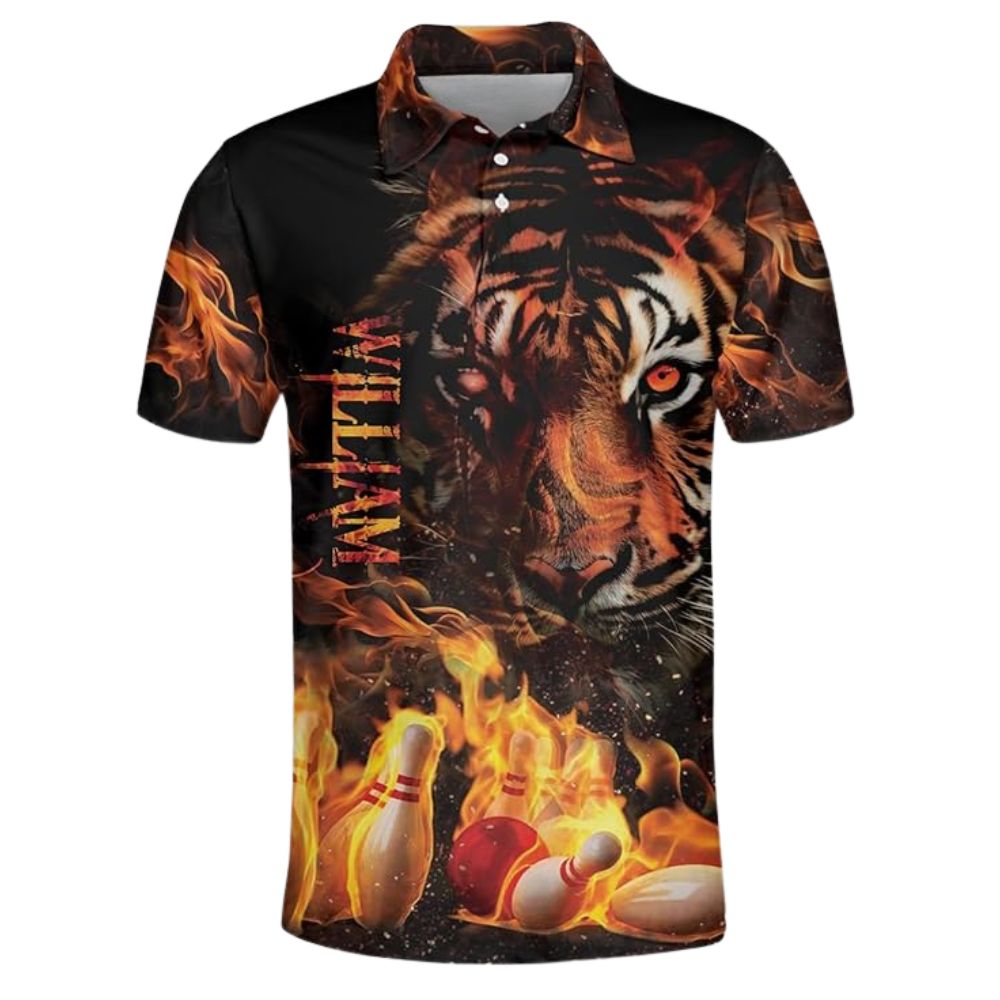 Custom Tiger Flame Bowling Polo Shirt For Men, Custom Tiger Bowling Team Shirts BZ0326