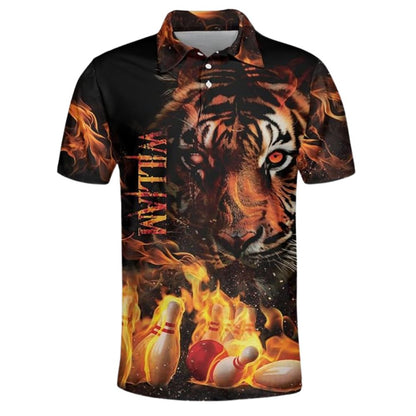 Custom Tiger Flame Bowling Polo Shirt For Men, Custom Tiger Bowling Team Shirts BZ0326