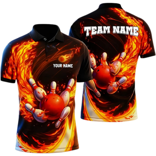 Custom Flame Bowling Polo Shirt Mens, Cusom Flame Bowling Shirts For Team BZ0331